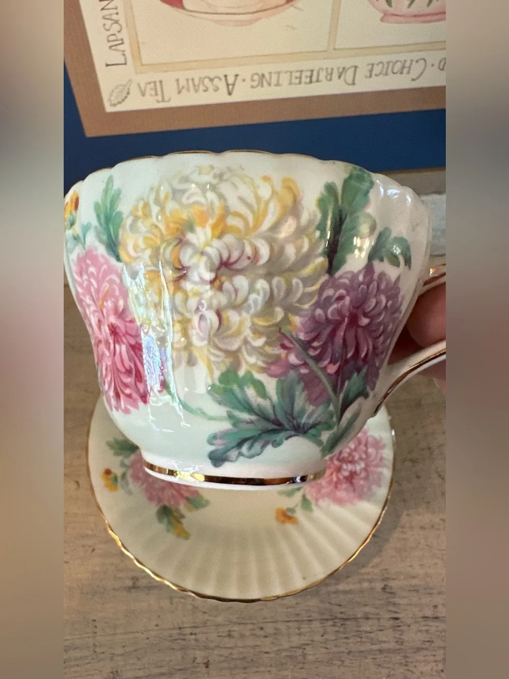 Paragon England Chrysanthemum Tea Cup Light green background gold highlights
